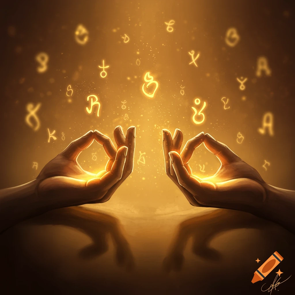 Close-up of two hands in a meditation gesture, glowing with golden light, surrounded by floating mystical symbols against a warm, soft-focus background.