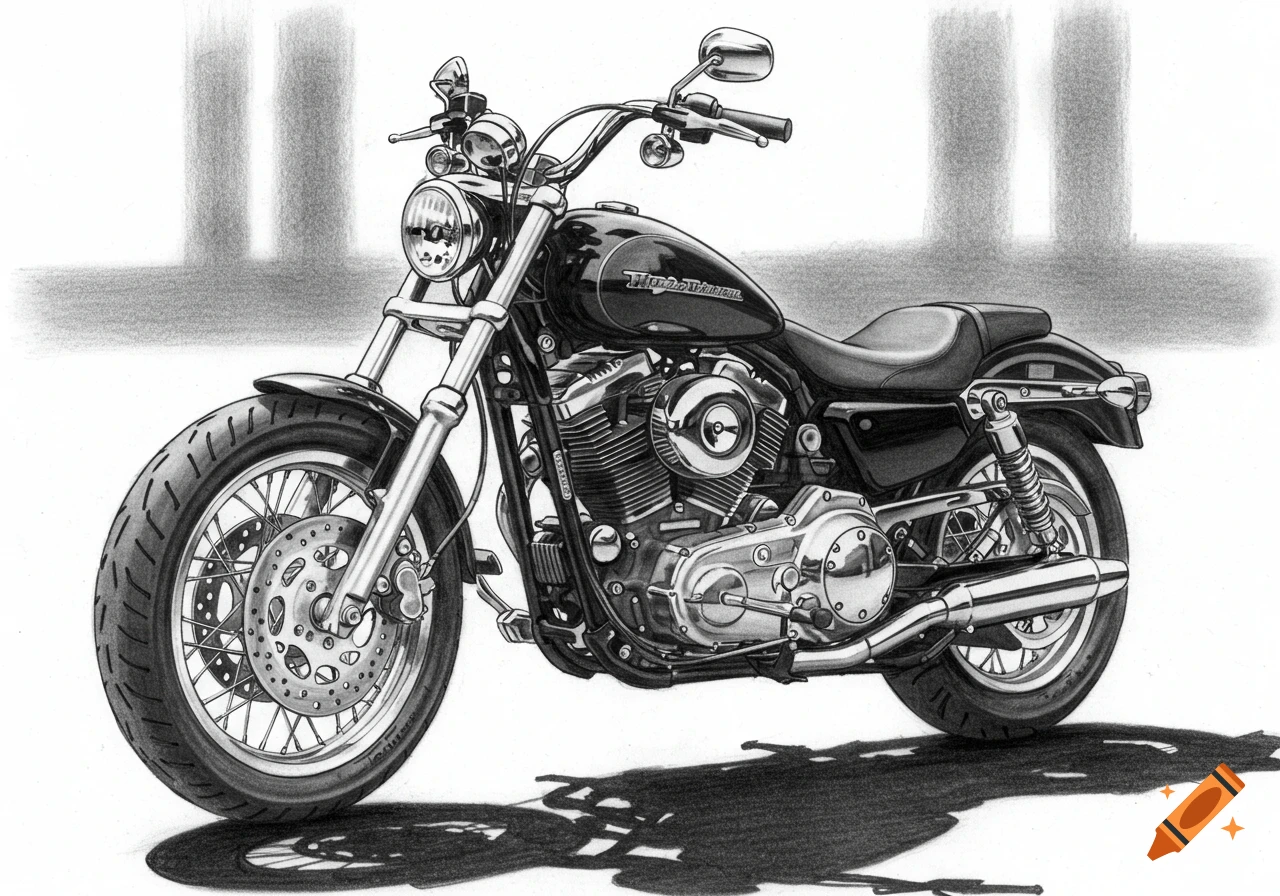 A detailed black and white sketch of a Harley-Davidson motorcycle.