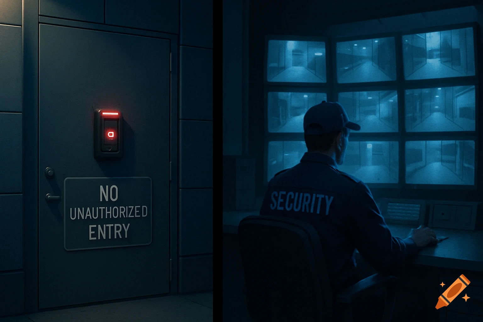A two-panel image shows a security door with a 'No Unauthorized Entry' sign and a security officer monitoring surveillance feeds.