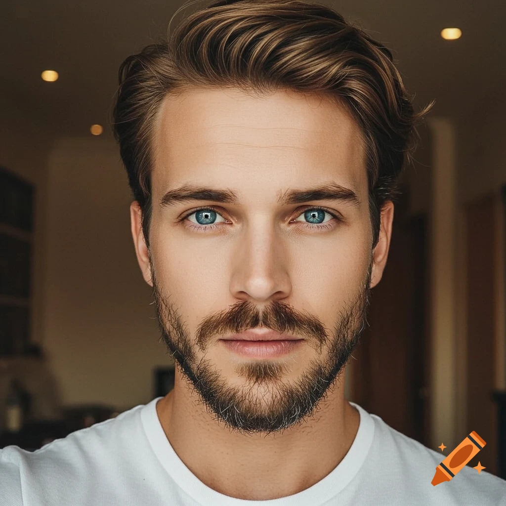 Close-up photorealistic portrait of an attractive man with blue eyes, brown hair, and a short beard.