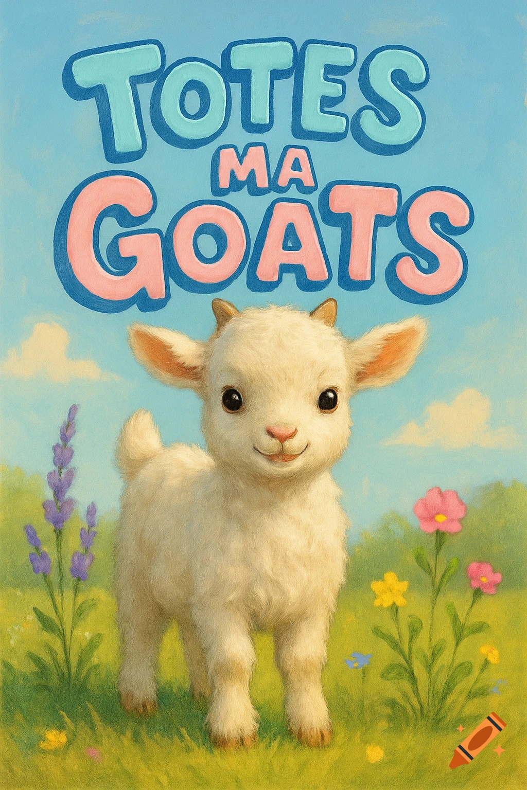 An illustration of a fluffy white baby goat standing in a green field with flowers under a blue sky, with the text "TOTES MA GOATS" above it.