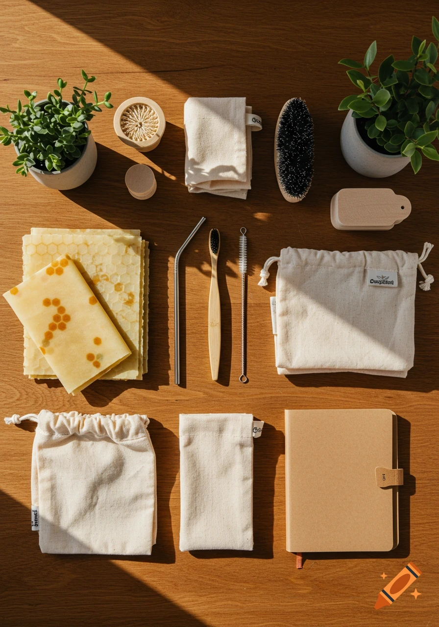 Flat lay of eco-friendly products: beeswax wraps, bamboo toothbrush, metal straw, reusable bags, brushes, and potted plants on a wooden table.