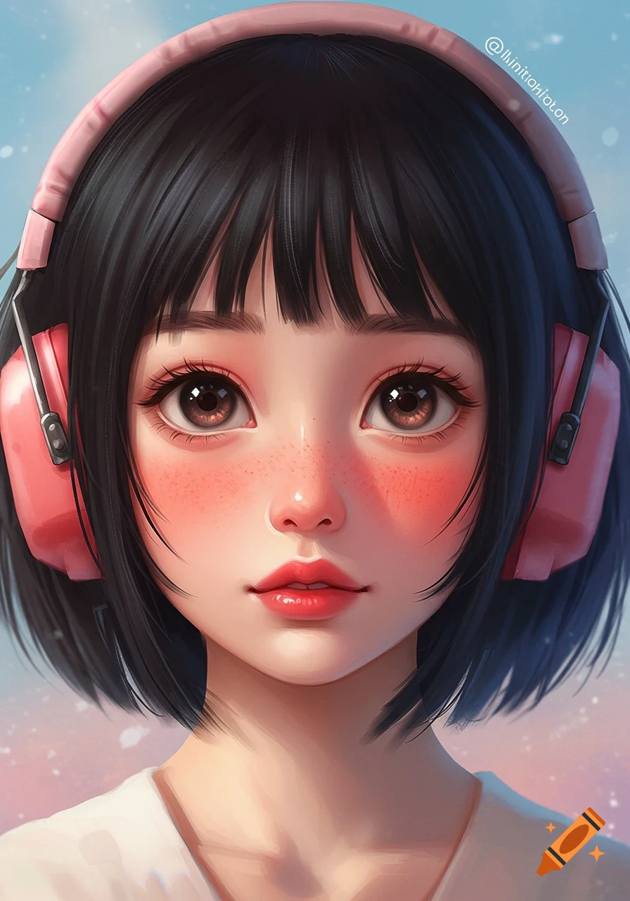 Close-up portrait of a girl with short black hair and bangs, large brown eyes, flushed cheeks, freckles, and pink over-ear headphones, in a semi-realistic anime style.