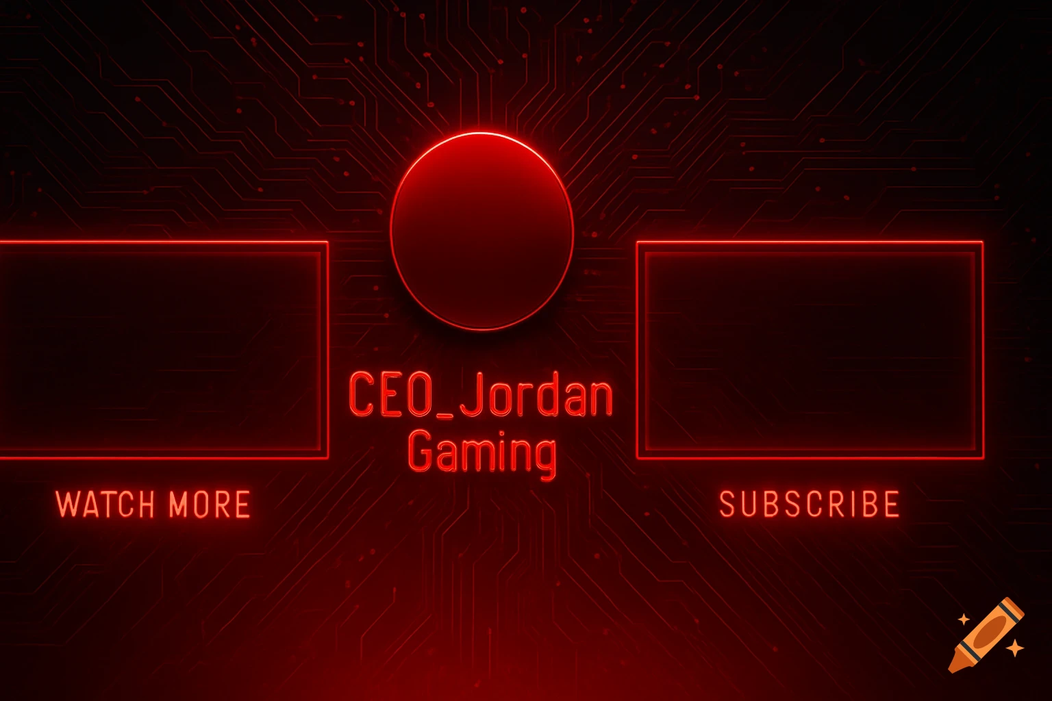 Futuristic red YouTube end screen with glowing CEO_Jordan Gaming text, a channel circle, and two video boxes on a circuit board background.