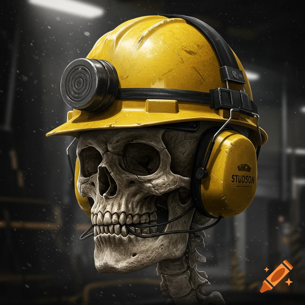 A detailed realistic skull wearing a yellow hard hat with a headlamp and yellow earmuff hearing protection.