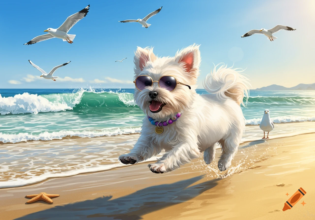 A small white dog wearing sunglasses runs happily along a sunny beach with waves crashing and seagulls flying overhead.