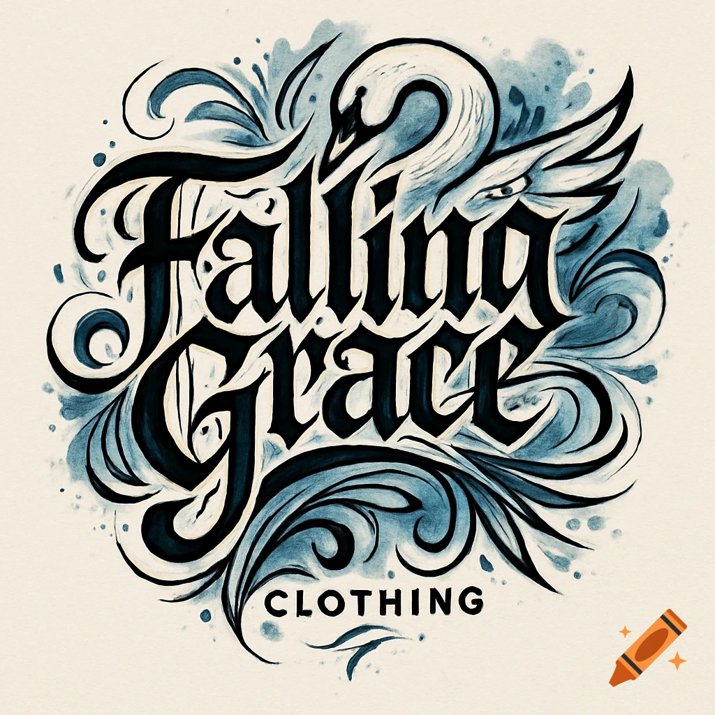 A dark blue and white logo with ornate gothic lettering reading "Falling Grace" and a swan, with "CLOTHING" below. Stylized tattoo art.