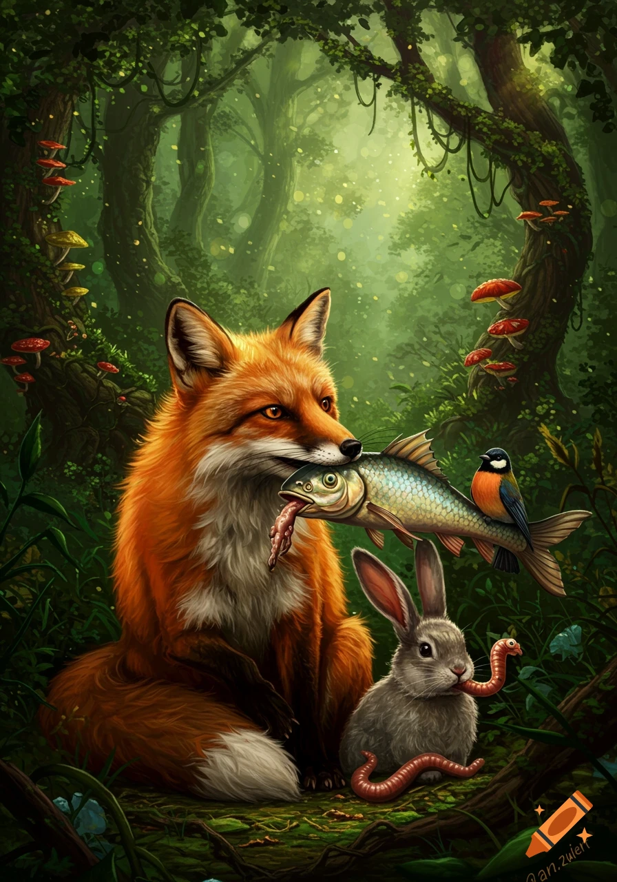 A stylized illustration of a fox holding a fish, a rabbit holding a worm, and a bird on the fish, set in a lush, magical forest.