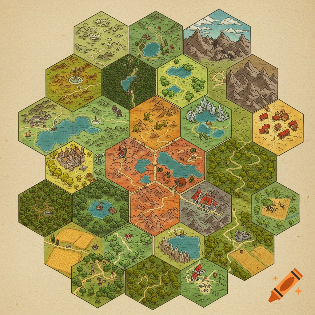 A colorful hexagonal map featuring various hand-drawn fantasy terrains like forests, lakes, mountains, villages, castles, and fields, with paths connecting different hexes, in an illustrative style.