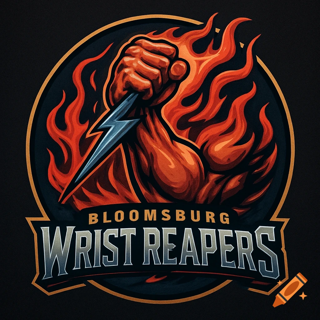 A stylized logo featuring a muscular arm gripping a lightning bolt amidst flames, with the words 'Bloomsburg Wrist Reapers' below.