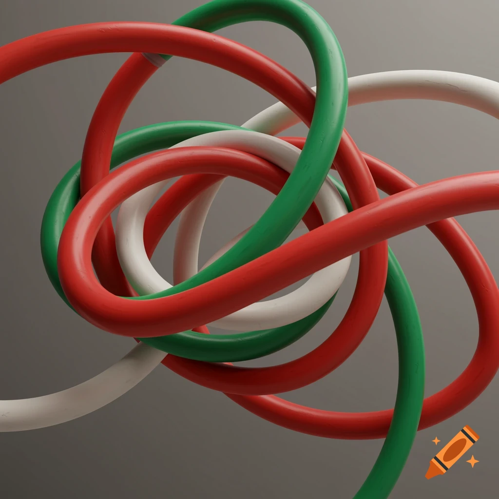 Intertwined red, green, and white plasticine strips on a gray background, abstract.