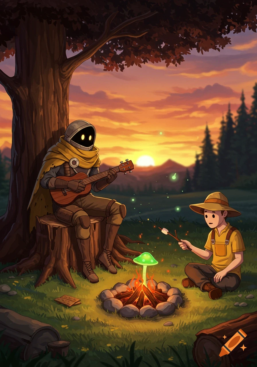An armored figure plays ukulele on a tree stump as a child in a hat pokes a glowing mushroom by a campfire at sunset, in an illustrative style.