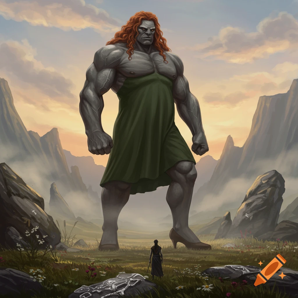 A giant, muscular gray-skinned goliath with long red hair, wearing a green dress and high heels, stands in a vast mountain valley overlooking a small figure.