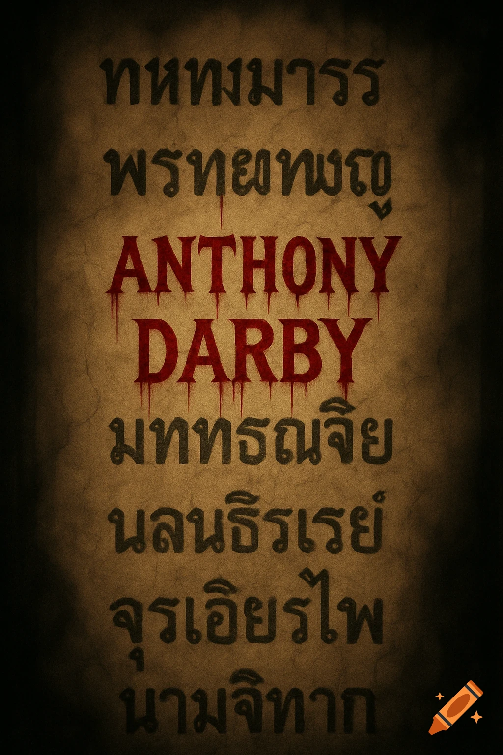 Dark, grungy text on a sepia background with a vignette. English words "ANTHONY DARBY" are in red with blood-like drips, interspersed with lines of black Thai script.