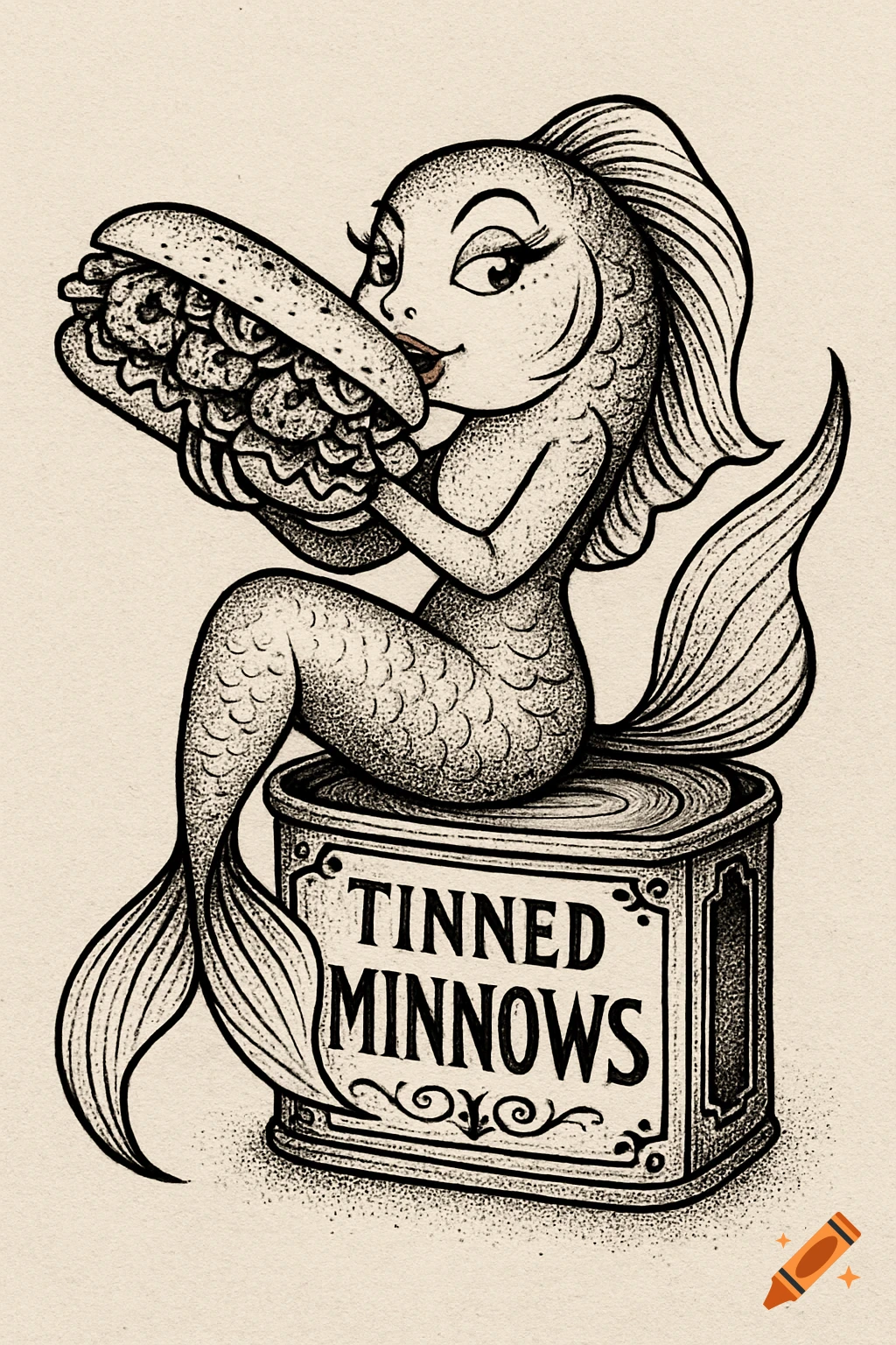 A black and white, neo-traditional tattoo style illustration of a sassy anthropomorphic female fish with flowing fins, sitting on a vintage "TINNED MINNOWS" can and eating a comically large po' boy sandwich.