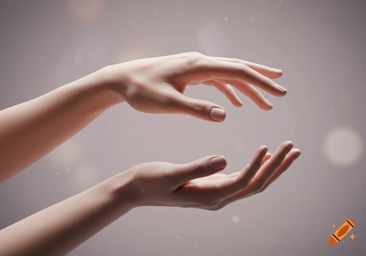 Two disembodied hands, palms up, float against a soft, light-colored, bokeh-filled background. Photorealistic style.