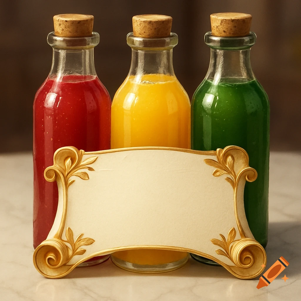 Three corked bottles of red, yellow, and green juice behind an ornate blank gold sign on a marble surface. Photorealistic.