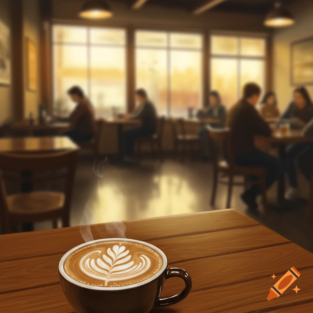 A close-up of a coffee cup with latte art on a wooden table, with a blurred coffee shop background featuring people and large windows.