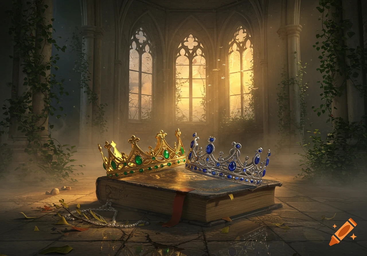 Two ornate crowns, gold with green gems and silver with blue, rest on an old book in a ruined chapel bathed in golden light.