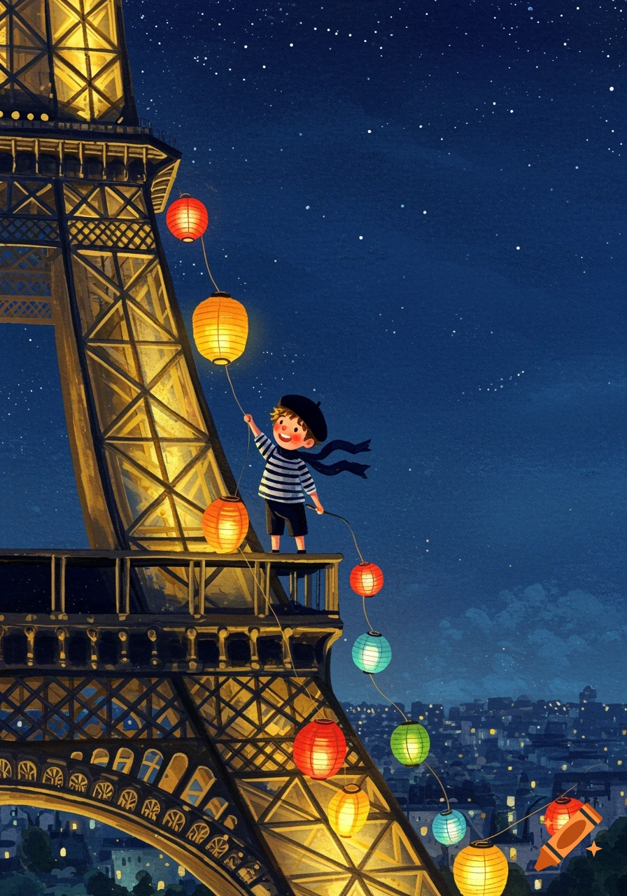 An illustrated boy in a beret hangs colorful lanterns on the Eiffel Tower at night, with a starry sky and city lights below.