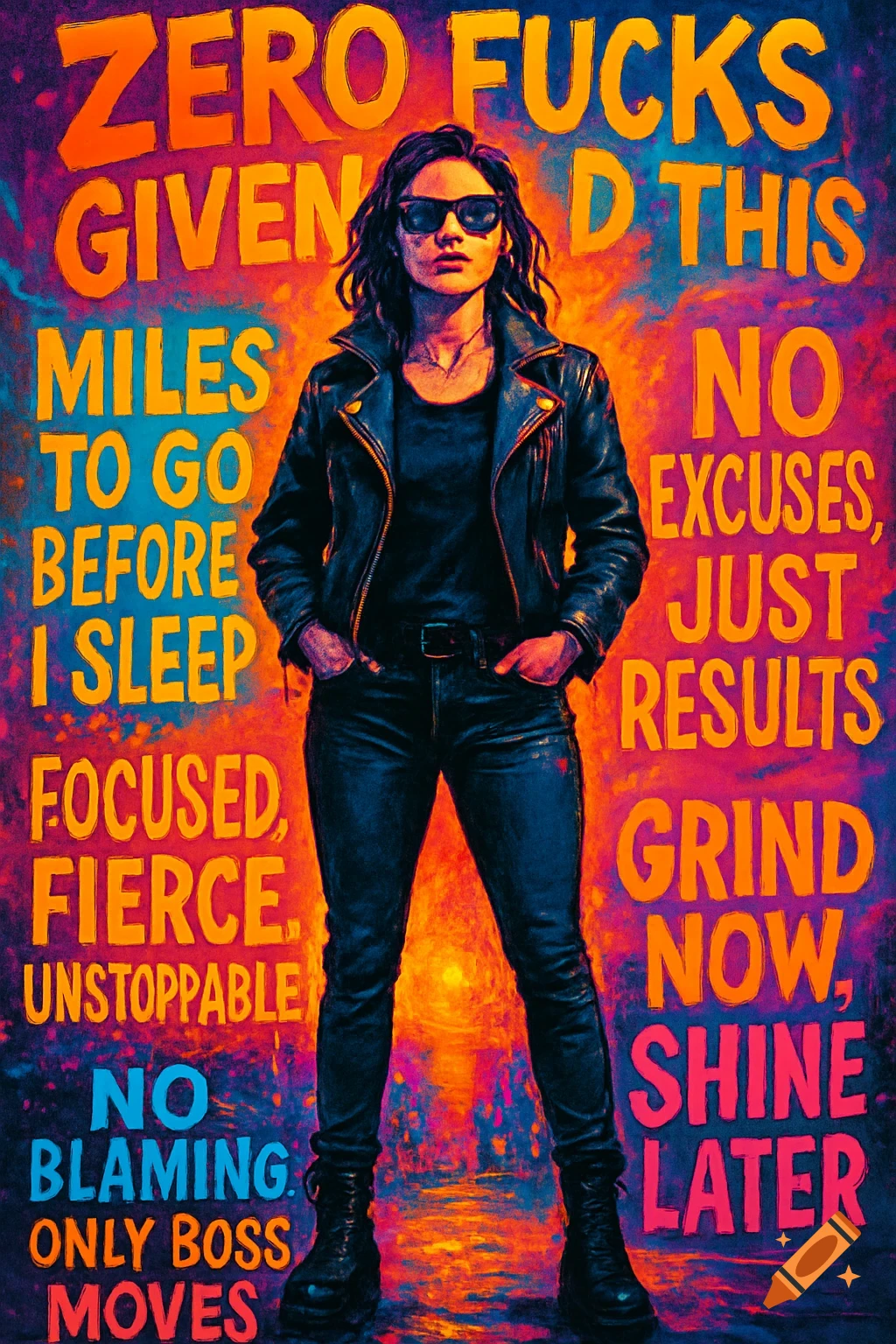 An artistic poster of a woman in sunglasses, a black leather jacket, and jeans, standing against a vibrant, multi-colored background with motivational text.