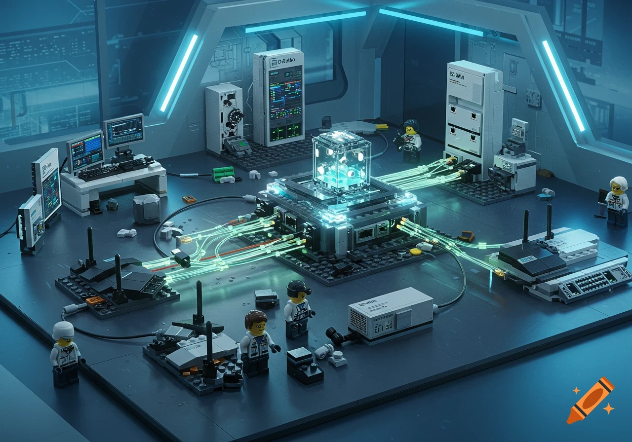 A detailed Lego diorama of a computer network setup, featuring multiple servers, monitors, networking devices, and Lego minifigures in a futuristic lab.