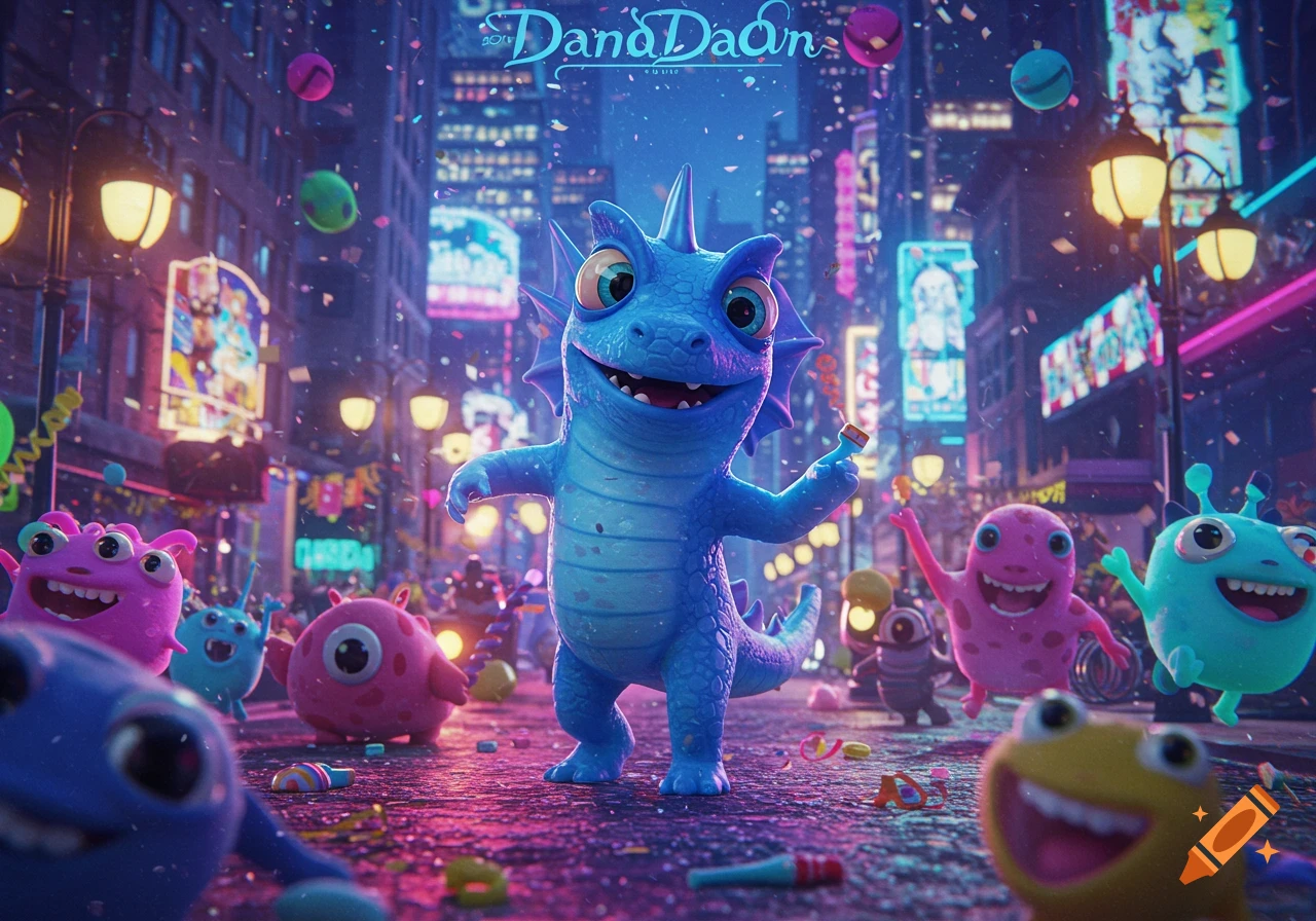 A blue, lizard-like cartoon monster with big eyes smiles amidst falling confetti on a neon-lit city street at night, surrounded by other colorful, happy monsters.