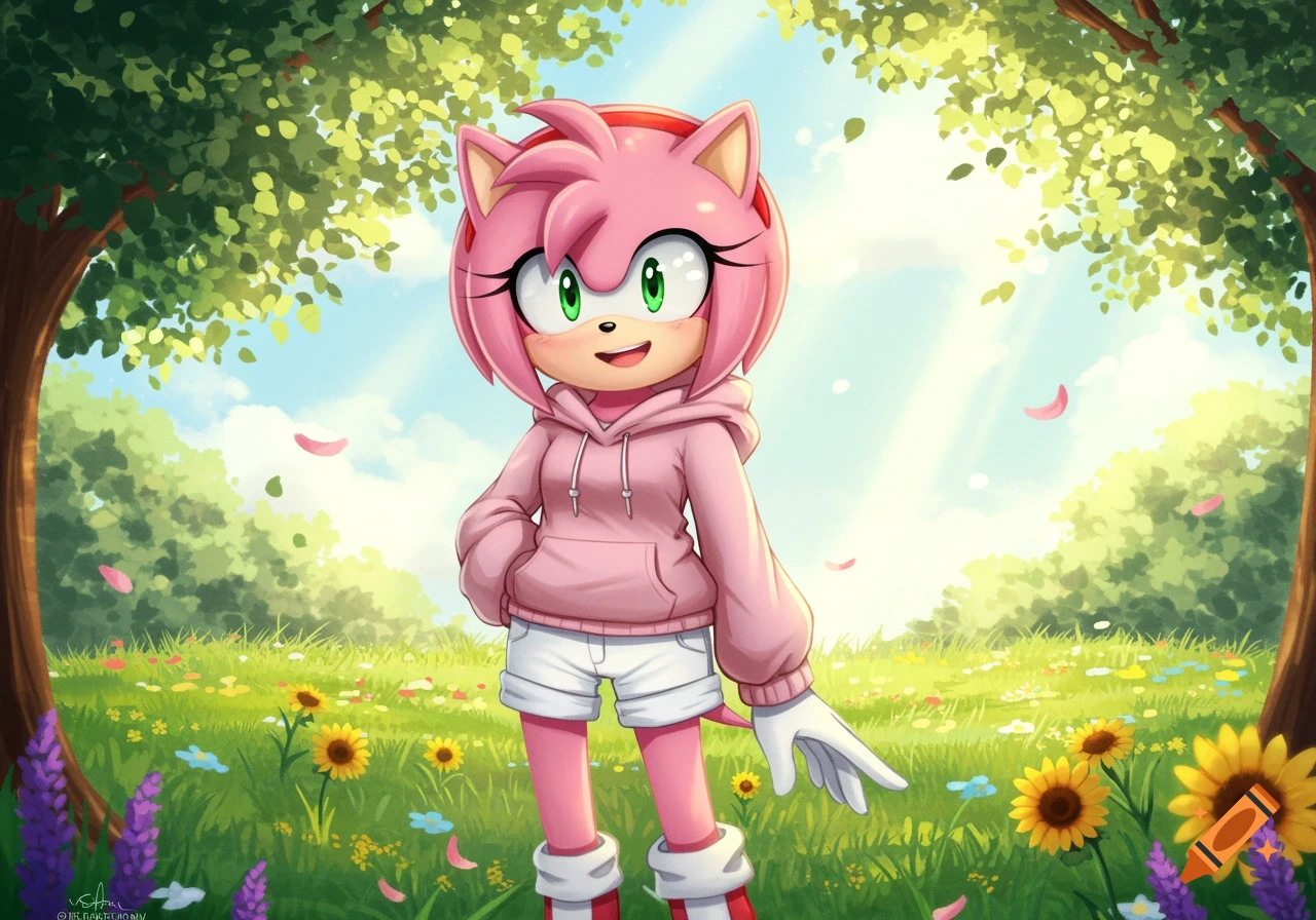 Amy Rose in a pink hoodie and white shorts smiles in a sunny, flower-filled meadow.