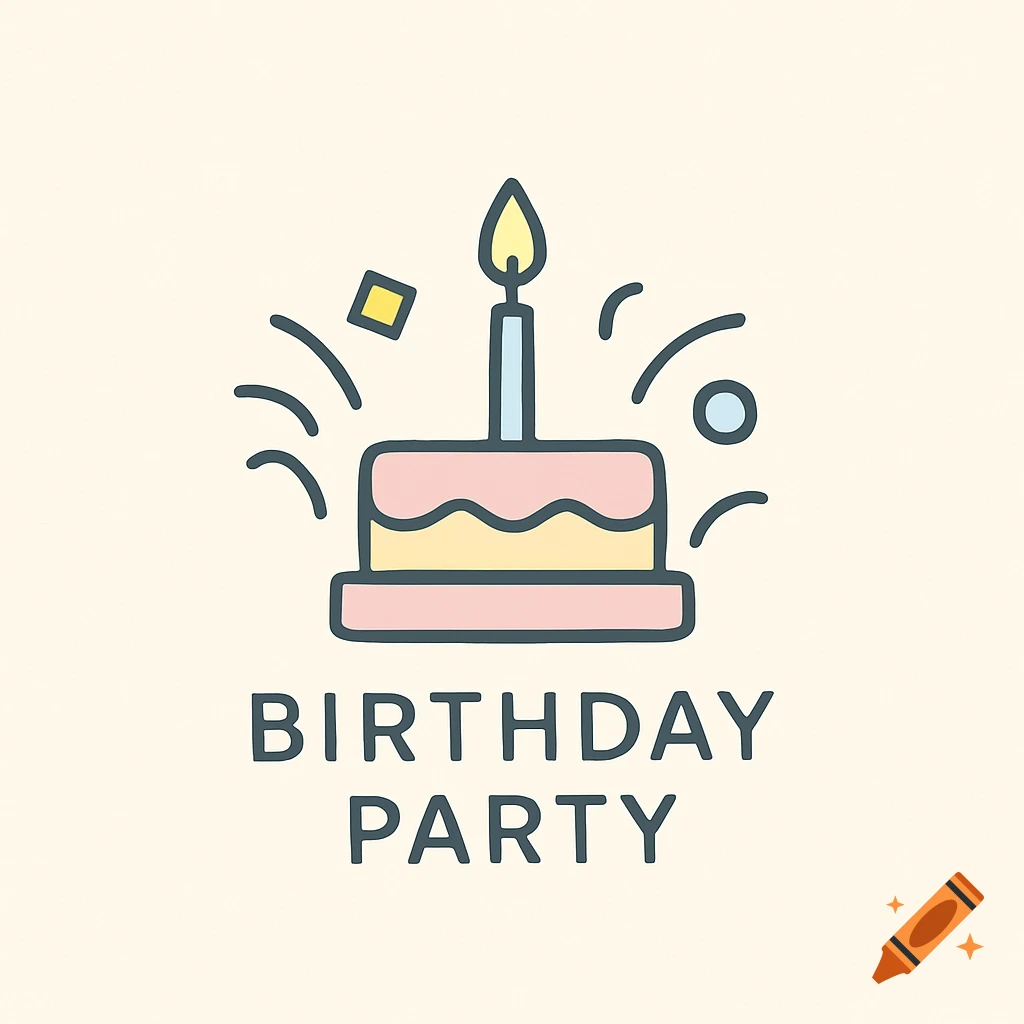 Minimalist icon of a birthday cake with a lit candle and confetti, with the text 'BIRTHDAY PARTY' below.
