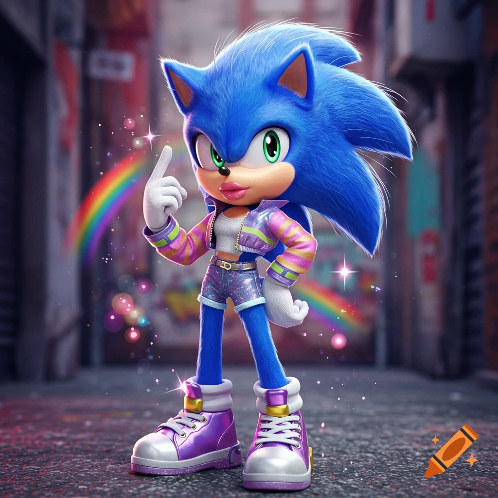 Sonic the Hedgehog in Bratz doll style, wearing a sparkly crop top, shorts, and purple sneakers, with a rainbow.