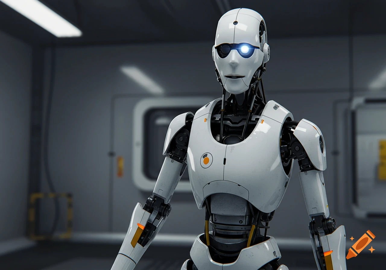 A photorealistic white robot with glowing blue eyes stands in a futuristic, metallic corridor.