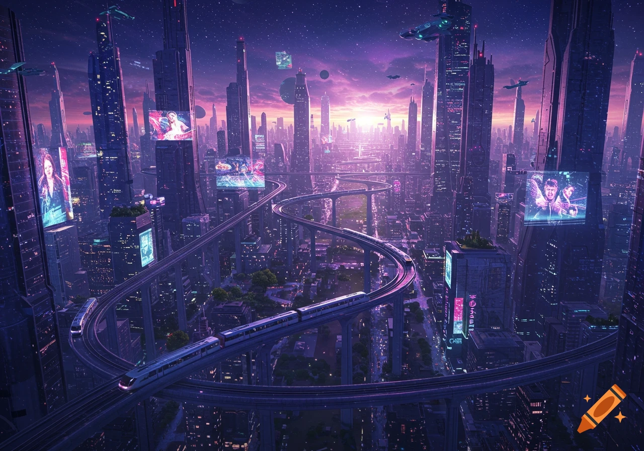A vibrant, purple-hued futuristic city at dusk, with towering skyscrapers, elevated winding train tracks, and flying vehicles.