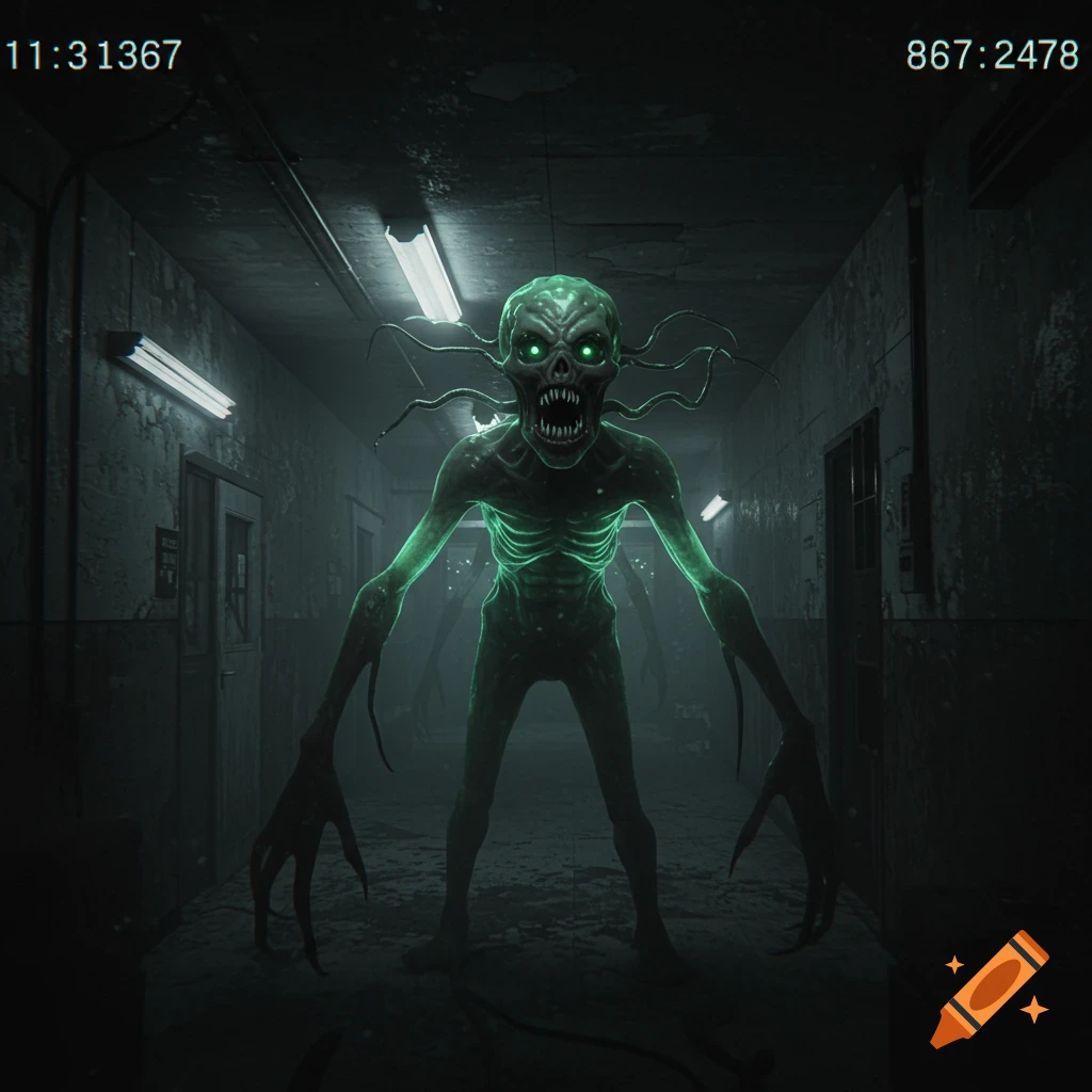A glowing green, scary alien monster with sharp teeth and claws stands in a dark, grimy hallway, viewed through a security camera.