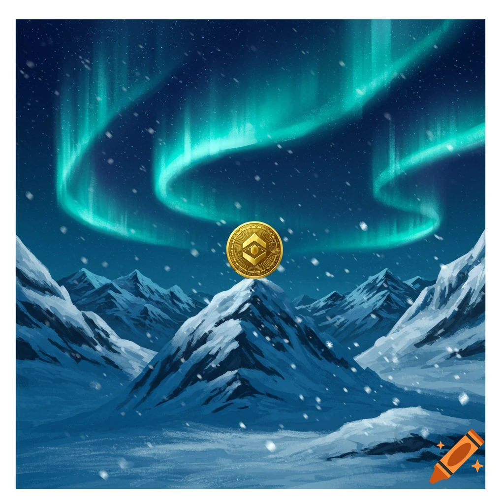 A golden cryptocurrency coin on a snowy mountain peak under a green aurora borealis sky with falling snow.