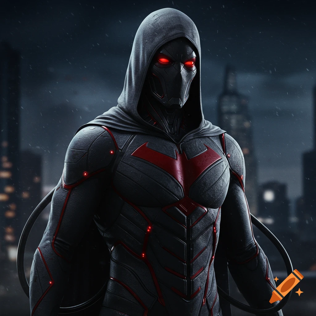 A hooded figure in a black and red futuristic superhero suit with glowing red eyes stands against a rainy cityscape.