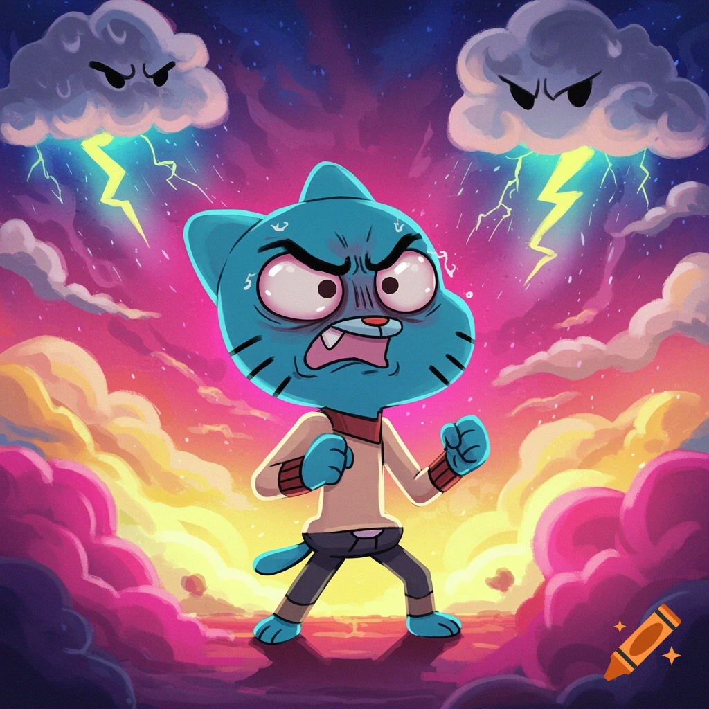 Cartoon cat character Gumball Watterson standing defiantly with angry storm clouds and lightning.