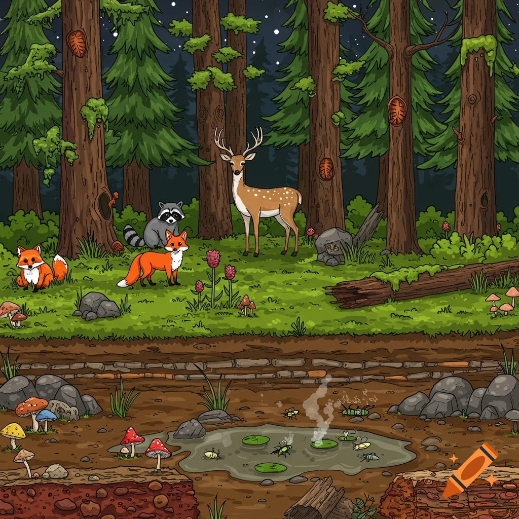Cartoon art of a nighttime forest with a deer, two foxes, and a raccoon among trees, fungi, and a murky pond.