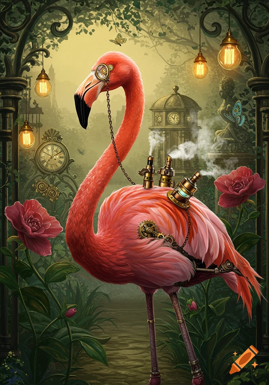A vibrant steampunk flamingo with gears and steam devices, wearing a monocle, stands in an ornate garden with glowing lanterns and a clock tower.