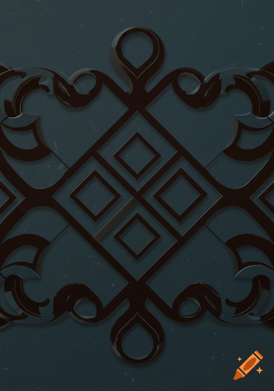 A dark brown minimalist pattern against a dark blue background with subtle texture.