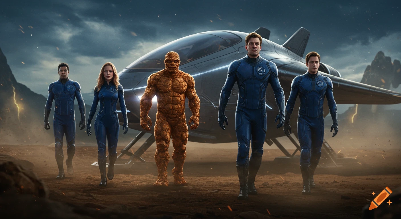 The Fantastic Four superheroes in blue suits and The Thing walking on a desolate planet with their futuristic spaceship behind them under a stormy sky.