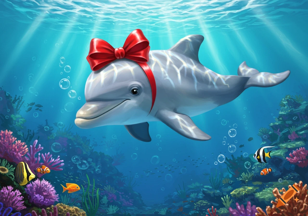 A cartoon dolphin with a red bow on its head swims in a vibrant coral reef, surrounded by colorful fish and sunbeams.