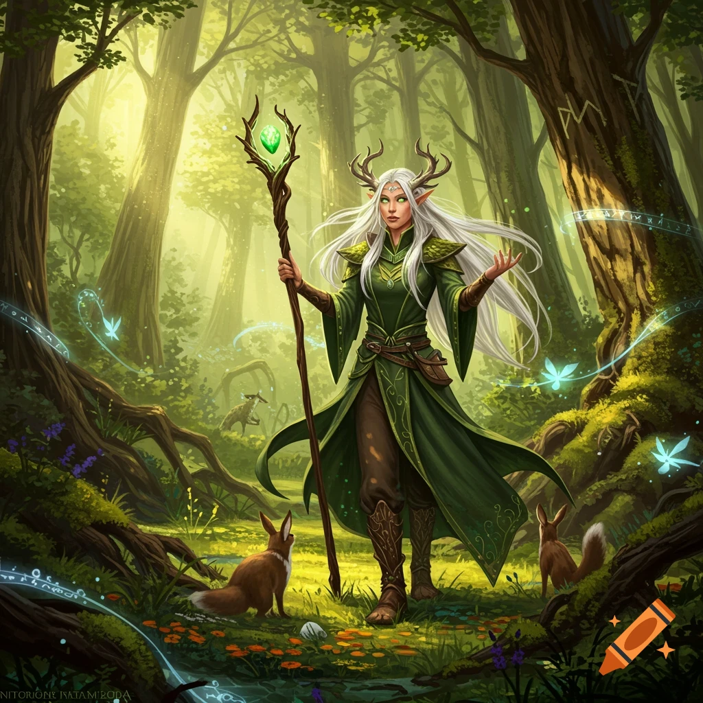 An elf druid with antlers and white hair stands in a magical forest, holding a staff with a glowing green crystal. Two foxes are at her feet.
