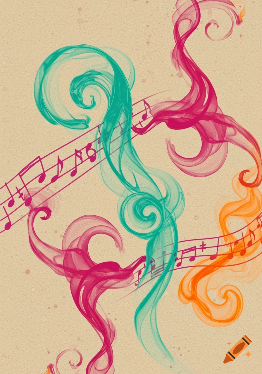 A beige background with teal, pink, and orange smoke swirls and musical notes.