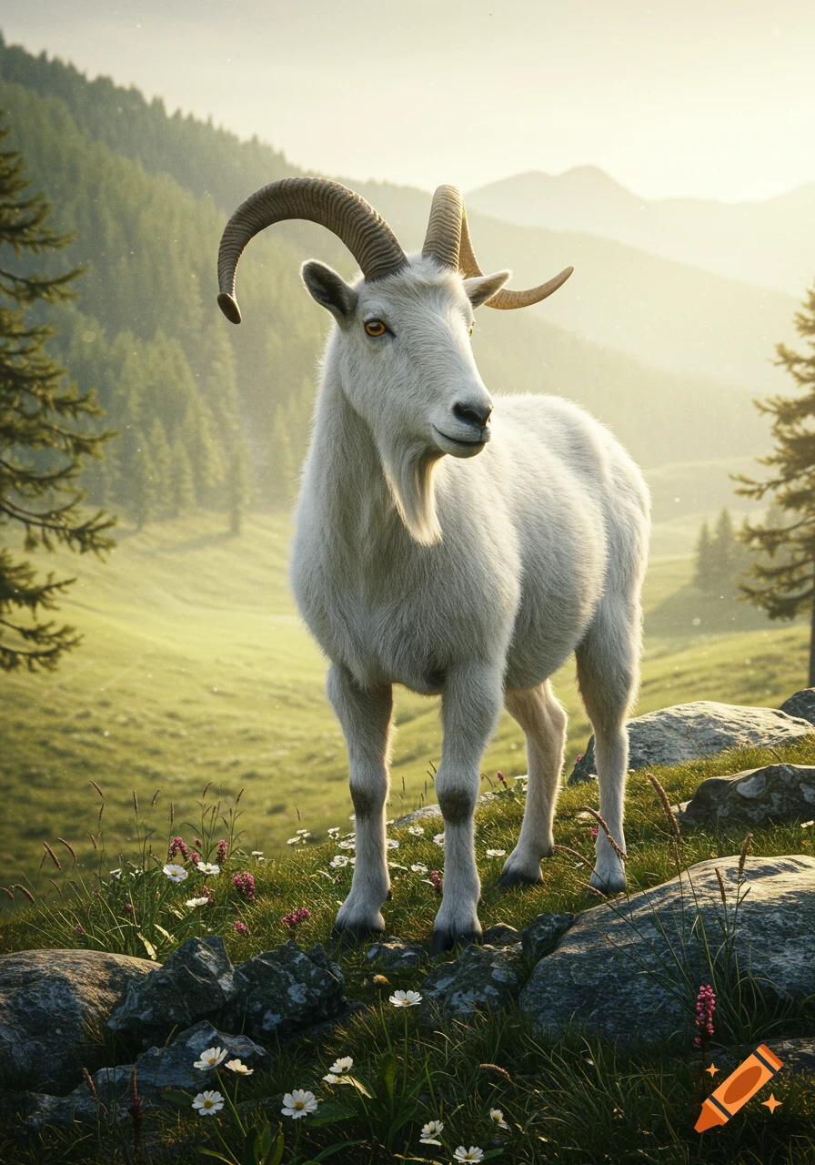 A majestic white mountain goat stands on a rocky ledge in a vibrant green mountain landscape under a bright, hazy sky.