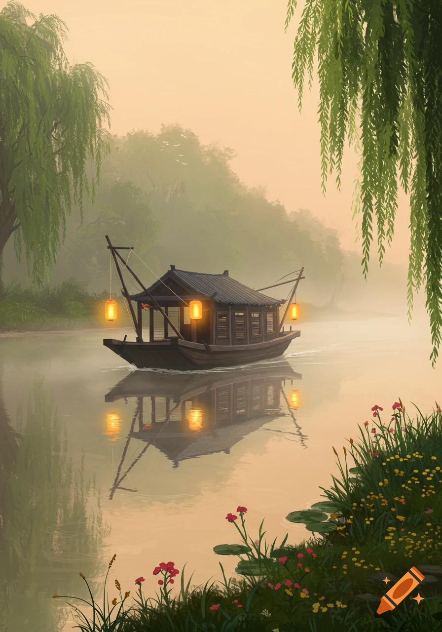 A Chinese fishing boat with glowing lanterns floats on a misty river, surrounded by willow trees and wildflowers.