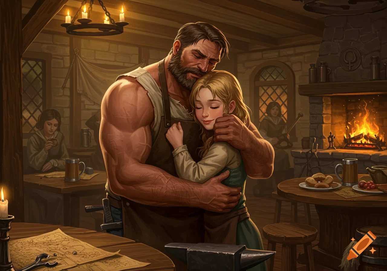 A strong blacksmith with a beard embraces his blonde-haired teenage daughter in a warm, medieval-style inn. They are surrounded by rustic wooden furniture, a fireplace, and candles.