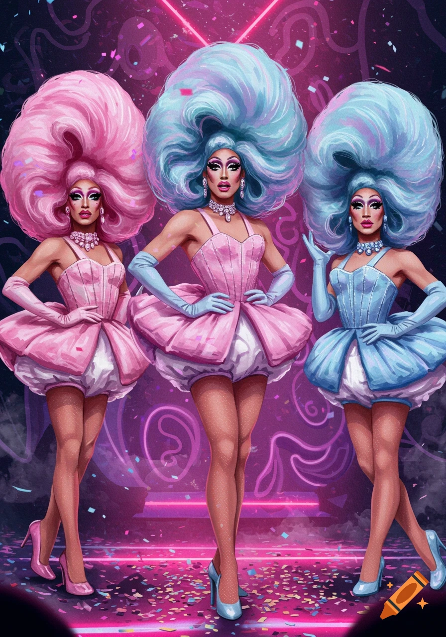 Three drag queens in pink and blue puffy wigs and corseted dresses pose on a neon-lit stage with confetti.