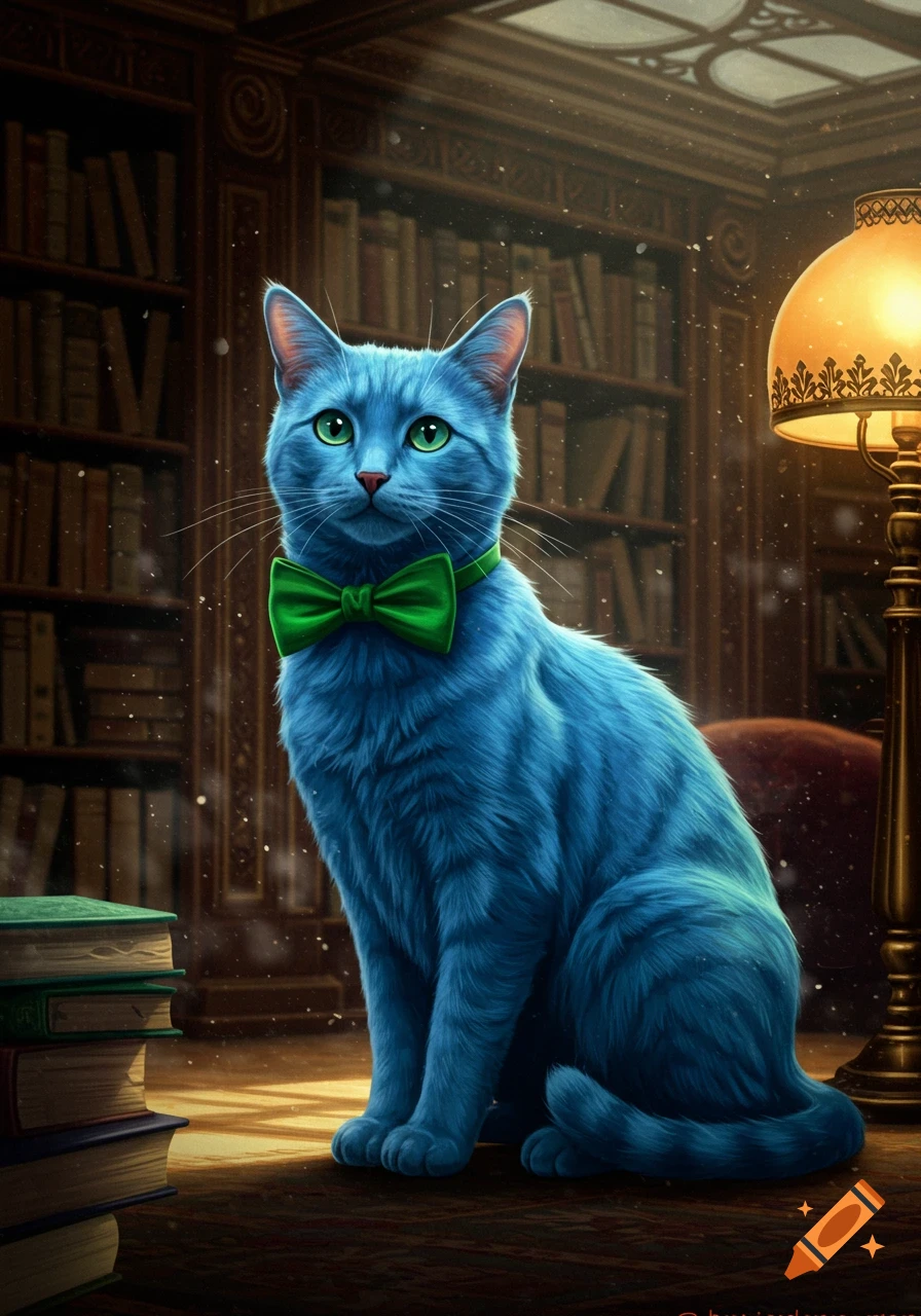 A blue cat with vibrant green eyes and a green bowtie sits gracefully on a wooden floor in a dimly lit library, surrounded by bookshelves and a glowing lamp.