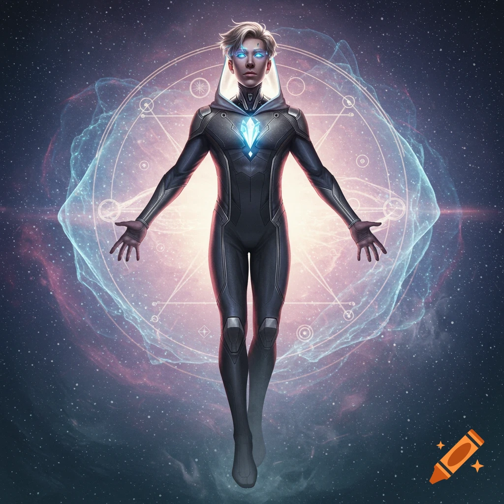 A male superhero in a sleek black and gray suit with glowing blue accents floats in space within an energy field.