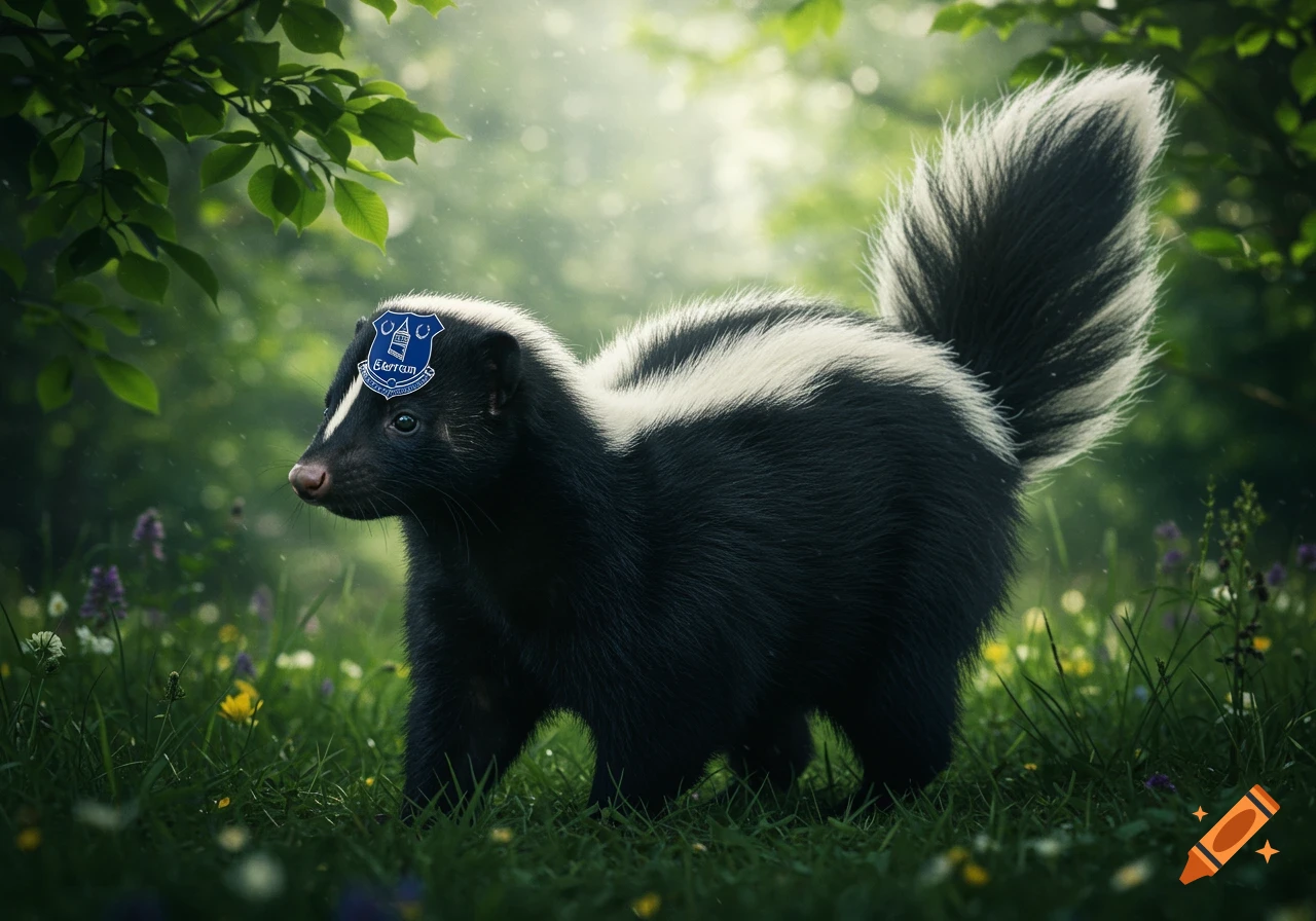 A skunk with an Everton football club badge on its head stands in a lush, sunlit grassy forest.